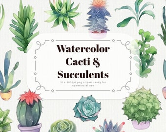 Watercolor Cacti and Succulents Clipart - desert cacti and succulents in PNG format at 300dpi - instant download for commercial use