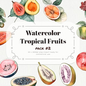 Acuarela Tropical Fruit Clipart pack #2 - jugosa fruta tropical en formato PNG a 300dpi, descarga instantánea para uso comercial