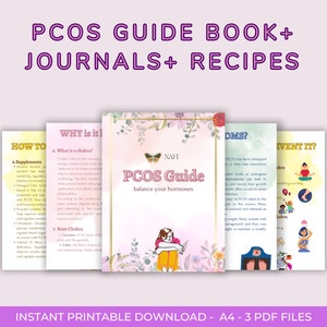 PCOS guide book + PCOS journal + helpful PCOS recipes, hormon imbalance full packet, menstruation tracker, water intake tracker, yoga journa