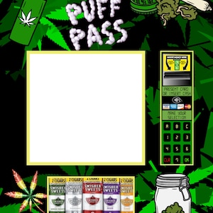 May include: A vending machine with a green and black background. The machine has a digital display, a keypad, and a slot for inserting money. The machine is labeled "Puff Puff Pass" and has a selection of Swisher Sweets cigars in green, diamond, red, grape, and orange flavors.