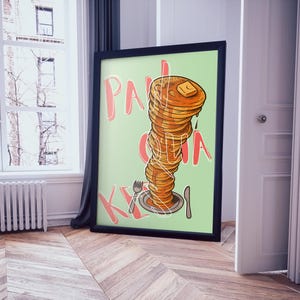 Lámina artística PANQUAKES – Póster de pila de panqueques de dibujos animados – Decoración de pared con desayuno estilo animación vintage – Descarga digital