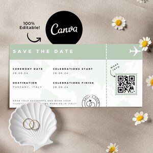 Plane Ticket Save The Date Destination Sage Green Wedding Invitation Passport Template Printable Editable Canva Travel Themed Invite QR Code