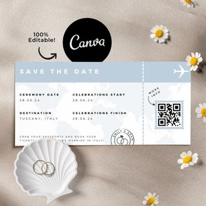 Airline Ticket Save The Date Destination Boarding Pass Wedding Invitation Passport Template Printable Editable Canva Travel Themed Invite QR
