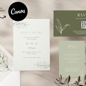 Olive Green Destination Wedding Invitation Template Printable Save the Date Olive Theme Editable Canva Minimalist Themed Invite Italy QR