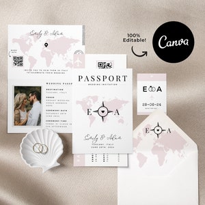 Destination Wedding Invitation Passport Boarding Pass Invitation Template Canva Printable Travel Themed Wedding QR Save The Date Editable