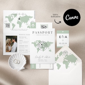 Sage Green Destination Wedding Invitation Passport Template Printable Save the Date All in One Editable Canva Travel Themed Invite QR Code