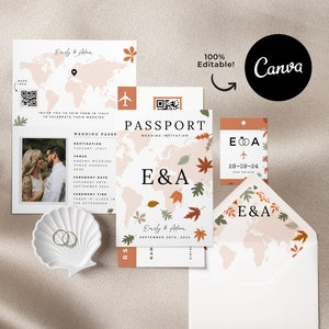 Boho-Herbst-Hochzeitseinladung, Reisepass, Bordkarte-Einladungsvorlage, Canva-druckbare thematische Hochzeit, Save the Date, editierbar