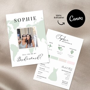 Sage Green Bridesmaid Proposal Card Template Personalised Destination Wedding Passport Invitation Bridesmaid Maid of Honor Information Card