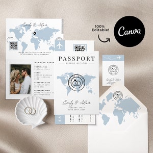 Invitación de boda de destino Pasaporte Tarjeta de embarque Plantilla de invitación azul polvoriento Canva Boda temática de viaje imprimible QR Guardar la fecha