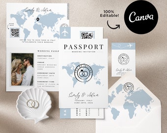 Destination Wedding Invitation Passport Boarding Pass Dusty Blue Invitation Template Canva Printable Travel Themed Wedding QR Save The Date