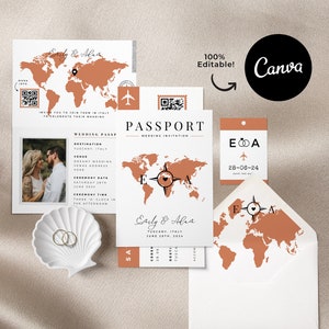 Passport Wedding Invitation Suite Boho Terracotta Wedding Invite Destination Save The Date with Photo Bundle Template Canva Boarding Pass