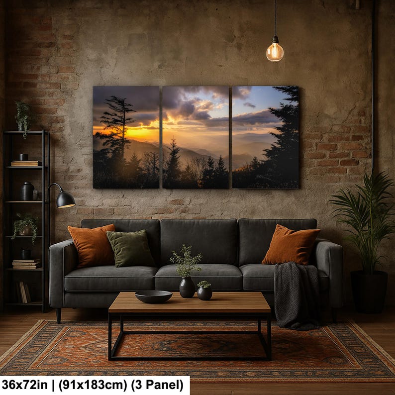 Smoky Mountains Sunset Photography Print: Blue Ridge Parkway Art, Tennesee, North Carolina 36x72 inch (3-panel)