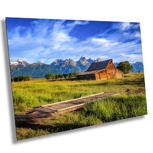 Grand Teton National Park, Mormon Row Barn, Wyoming, Bergreflexion, alte Scheune, Fotografie Druck, Acryl, Leinwand, Metall