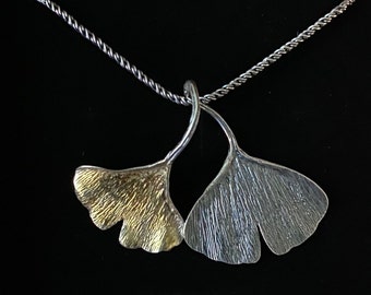 Silver and Gold Gingko Leaf Pendant, Handmade Necklace, European Nature Inspired Design, Vintage Style Jewelry, Timeless Design Chain