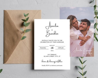 Minimalist Photo Wedding Invitation Set, 2 page Simple Wedding Invite, Editable Template, Instant Download 4 x 6in