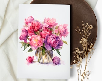 Set di biglietti di auguri con peonie acquerellate: biglietti di auguri floreali botanici