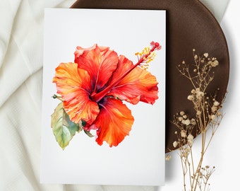 Zestaw kartek okolicznościowych z akwarelowym czerwonym hibiskusem: botaniczne kartki okolicznościowe