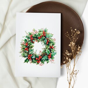 hulstkrans kaartenset. notitiekaarten. kerstkaarten. wenskaarten. december. vrolijk kerstfeest, aquarel (1, 10, 30 en 50 stuks)