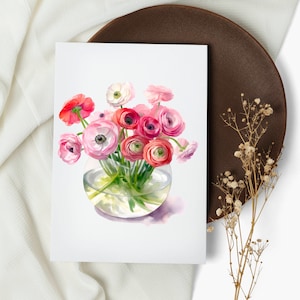 NUEVO juego de tarjetas de flores de acuarela. florero . tarjetas de nota . ramo de ranúnculos. tarjetas de felicitación. flores botánicas (1, 10, 30 y 50 piezas)
