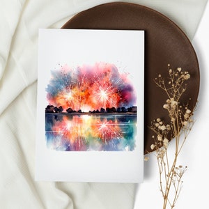 fire works card set . note cards . usa themed . greeting cards . watercolor usa cards .  red white & blue (1, 10, 30, And 50 Pcs)