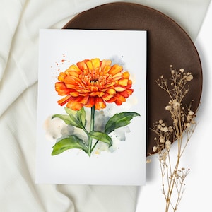 May include: A watercolor painting of a single orange marigold flower with green leaves. The flower is painted in a realistic style with delicate details. The background is a soft watercolor wash of light blue and gray.