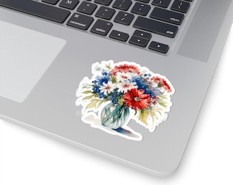 Akvarellblomklistermärke: Rödvit & Blå Bukett, Botanisk Laptopdekal