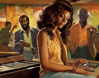 May include: A woman with long brown hair and a yellow sleeveless top is using a vintage-style arcade game. Two men, one with a brown jacket and the other with an orange shirt, are standing behind her. The arcade game has a brown wooden cabinet with a metal panel and buttons.