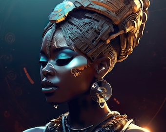 May include: A woman with dark skin is wearing a gold and silver headdress with intricate details. She has blue eyeshadow and a gold design on her cheek. She is wearing large gold earrings and a gold necklace.