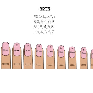 May include: A chart showing nail sizes with corresponding measurements in millimeters. The chart shows 10 different nail sizes, ranging from 8 mm to 18 mm. The chart is labeled with the sizes 0 through 9, and the corresponding measurements are listed below each size.