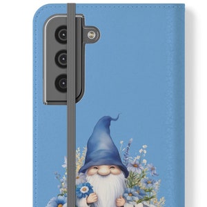 Blue Galaxy Folio Flip Case: Watercolor Style Spring Flowers Gnome - Stand, Card Slot, Rugged, Lightweight Cover for Samsung Galaxy S21-S25