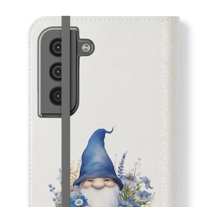 White Galaxy Folio Flip Case: Watercolor Style Spring Flowers Gnome - Stand, Card Slot, Rugged, Lightweight Cover for Samsung Galaxy S21-S25