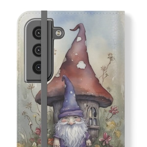 Galaxy Folio Flip Case: Watercolor Style Gnome And Mushroom - Stand, Card Slot, Rugged, Lightweight Cover for Samsung Galaxy S21 to S25