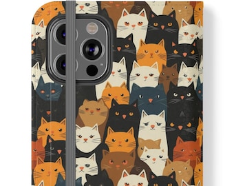 Funda tipo cartera para teléfono con diseño de gatito adorable. Resistente y ligera. Funda para iPhone 11 a 16 con tapa abatible, tarjetero y soporte plegable.