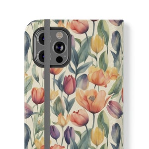 iPhone Folio Flip Case: Tulpen Bloemen Thema Herhalend bloemmotief - standaard, kaartsleuf, robuuste, lichtgewicht hoes voor iPhone 11, 12 & 13