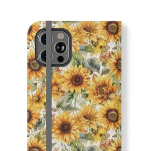 iPhone Flip Case: Sonnenblumen Thema wiederholendes Blumenmuster - Ständer, Kartenfach, robuste, leichte Hülle für iPhone 11, 12 & 13