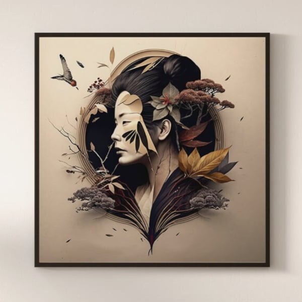 Japandi Wall Art Print: Square Japandi Style Wall Decor Of A Woman -  Instant PNG Digital Download