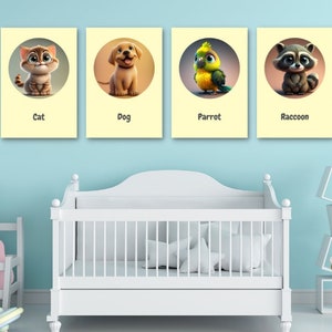Cartoon Illustration Prints: House Pets Set of 4, Cat Dog Parrot Raccoon, Nursery Kid's Room Kindergarten Wall Art - Download PNG istantaneo