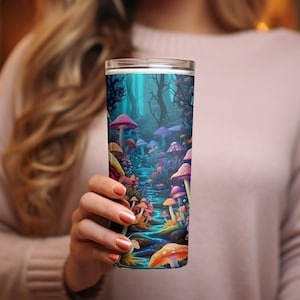 Envoltório de copo de cogumelos 3D: Floresta de cogumelos coloful 3D 20 onças Design de sublimação de copo magro Download instantâneo PNG