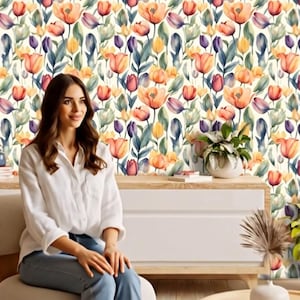 Peel And Stick Adhesive Wallpaper | Watercolor Style Colorful Tulips | Easy Apply, Tileable Floral Pattern – Perfect for Home Decor
