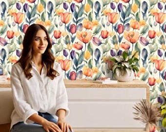 Peel And Stick Adhesive Wallpaper | Watercolor Style Colorful Tulips | Easy Apply, Tileable Floral Pattern – Perfect for Home Decor