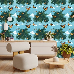 Peel and Stick Adhesive Wallpaper | Monarch Butterflies Pattern | Tileable Nature Home Decor – Cute, Easy to Apply, Blue Sky, Green Leaves