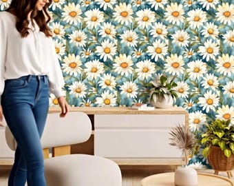 Peel & Stick Adhesive Wallpaper | Brighten Spaces with Watercolor Daisies | Easy Apply, Tileable Floral Pattern – Perfect for Home Decor