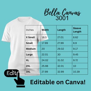 Editable Bella Canvas 3001 Size Chart Canva Template