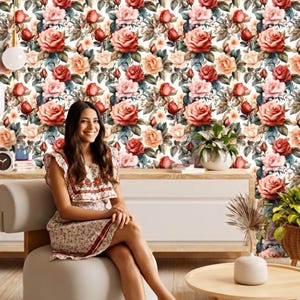 Peel & Stick Adhesive Wallpaper | Brighten Spaces with Watercolor Roses | Easy Apply, Tileable Floral Pattern – Perfect for Home Decor
