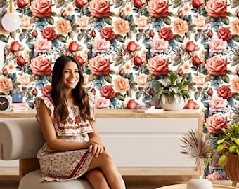 Papel pintado autoadhesivo / Ilumina tus espacios con rosas de acuarela / Diseño floral fácil de aplicar y enlosable: perfecto para la decoración del hogar