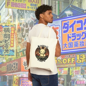 Kawaii Anime Tote Bag - Heavy Fabric Durable Totebag Shopping Bag With DJ Bunny Rabbit Print - 100% Cotton Canvas
