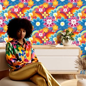 Peel And Stick Wallpaper | 70s Retro Groovy Removable Wall Decor | Tileable Floral Rainbow Pattern For Renters Renovation