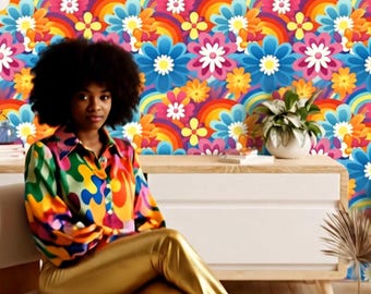 Papel pintado autoadhesivo / Decoración de pared extraíble con estilo retro de los años 70 / Diseño floral arcoíris para renovación de inquilinos