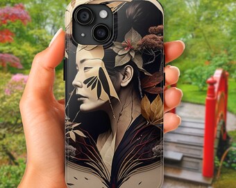 Funda para teléfono Japandi: funda protectora a presión para iPhone, ligera y resistente, carcasa rígida resistente con estampado de mujer japonesa