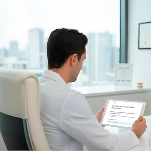 Może przedstawiać: Osoba w białym fartuchu laboratoryjnym siedzi, trzymając tablet z napisem "SmileSync Pro - Dental Practice Management". Ekran tabletu wyświetla tekst i interfejs użytkownika. Tło obejmuje okno z widokiem na miasto i meble biurowe.